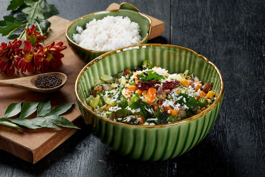 A colorful dish of stir-fried vegetables, Veg Poriyal, a traditional Indian side dish
